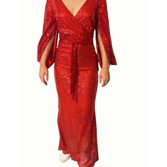 Dave & Johnny Dresses & Skirts - Vintage Dave & Johnny Y2K Red Sparkly Long Sleeve Gown W Wrap Deep V-Back & Tie